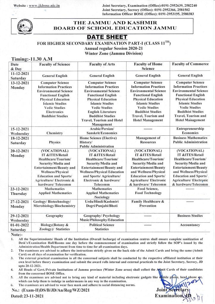JKBOSE Class 11th Date Sheet For Annual Regular 2021