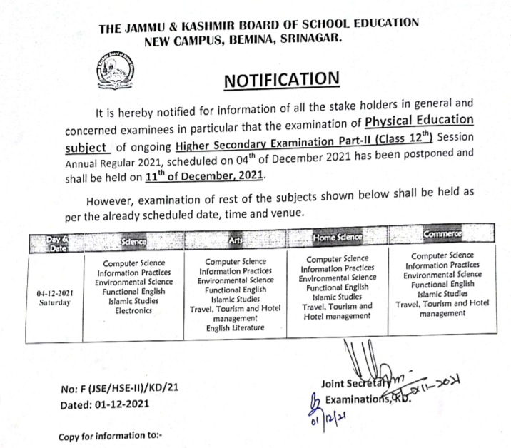JKBOSE Class 12th Paper Postponed